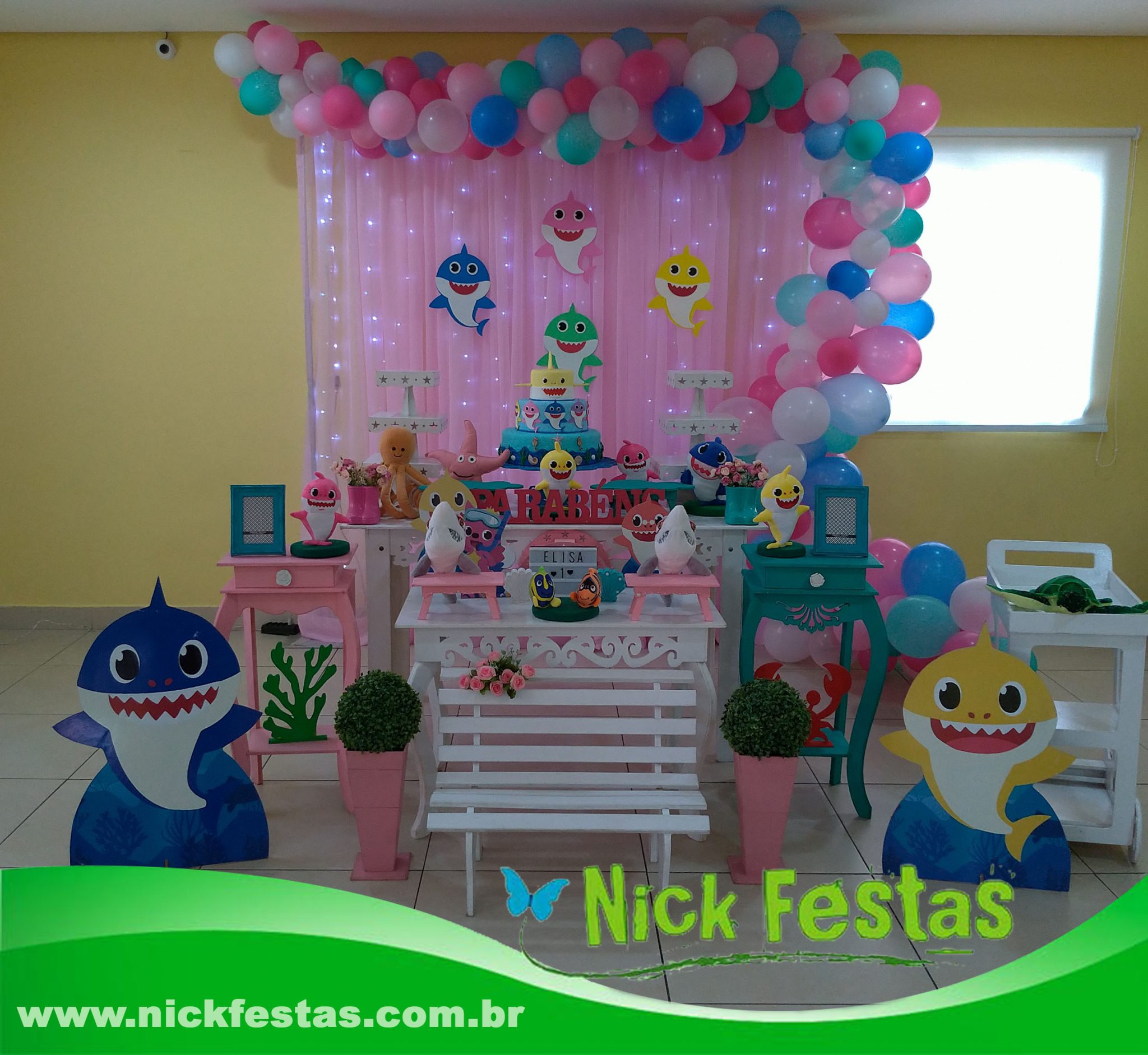 Decoração Infantil Provençal Baby Shark Rosa Nick Festas