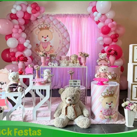 Decoração para chá de bebê Ursinho Rosa para locação na Freguesia do Ó