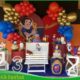 Decoração infantil Branca de Neve com painel princesa, balões vermelho azul e dourado e número iluminado na Freguesia do Ó SP