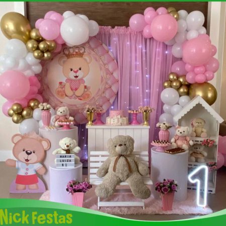 Decoração infantil ursinha rosa com balões rosa e painel personalizado na Freguesia do Ó SP.