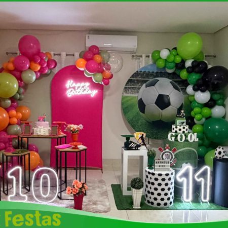 Decoração dupla Teen Pink e Futebol para festa de aniversário