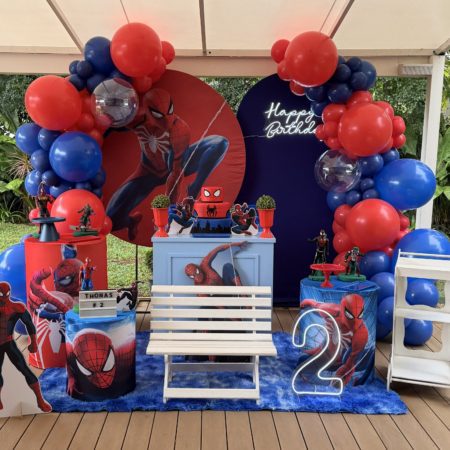 Decoração infantil tema Homem-Aranha para locação, com painel temático, personagens, mesa principal e elementos decorativos inspirados no super-herói para festa de aniversário.